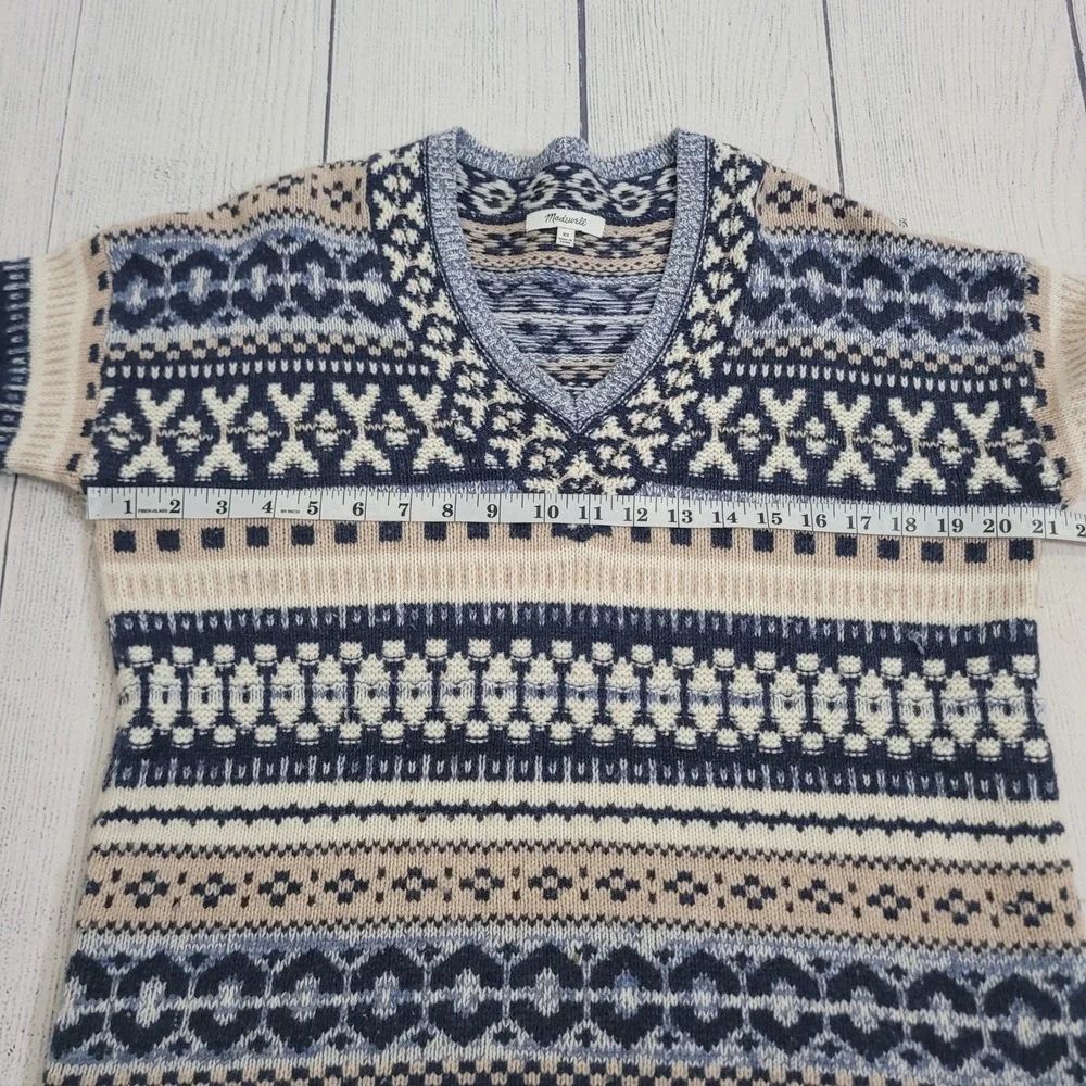 Madewell‎ XS Fair Isle Sweater Womens Blue Tan Wool Blend V-Neck Pullover